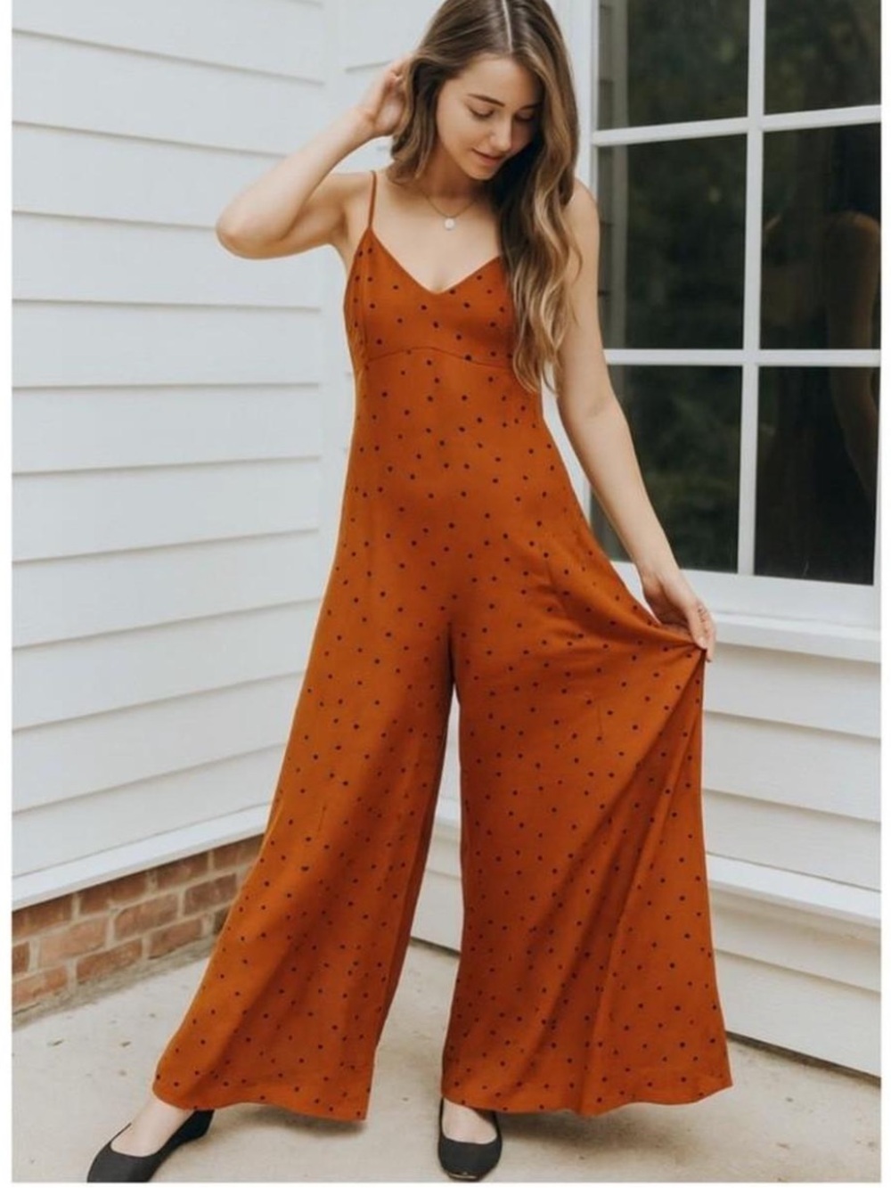Free People Jamboree Wide Leg Jumpsuit Rust Polka Dot XS Orange